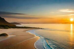 le Soleil monte plus de le océan et le plage dans cette magnifique photo. généré par ai photo