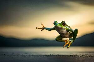 une grenouille sauter dans le air avec ses jambes diffuser. généré par ai photo