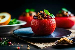 farci rouge pommes sur une assiette avec herbes. généré par ai photo