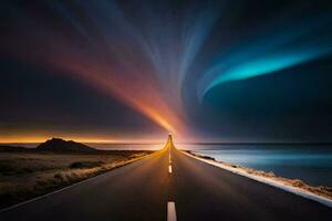 une route avec une lumière Piste dans le ciel. généré par ai photo