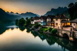 une rivière court par une ville à le coucher du soleil. généré par ai photo