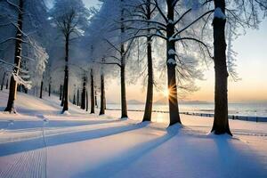neige couvert des arbres à le coucher du soleil. généré par ai photo