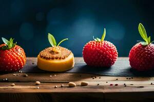 quatre des fraises et une gâteau sur une en bois tableau. généré par ai photo