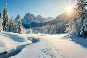 une neigeux paysage avec une rivière et des arbres. généré par ai photo