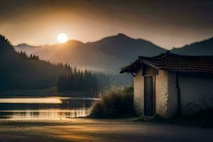 une petit cabane est assis par le l'eau avec le Soleil réglage derrière il. généré par ai photo