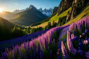 le Soleil monte plus de le montagnes et fleurs dans le premier plan. généré par ai photo