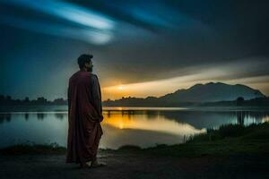 une homme dans une rouge peignoir des stands par une Lac à le coucher du soleil. généré par ai photo