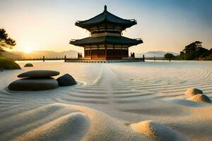 une pagode dans le le sable avec rochers et une Roche mur. généré par ai photo