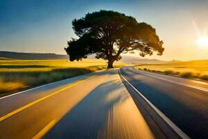 une arbre est sur le côté de le route dans le milieu de une champ. généré par ai photo