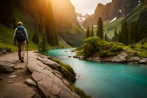 une homme avec une sac à dos des promenades le long de une chemin près une rivière. généré par ai photo