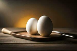 deux des œufs sur une en bois Coupe planche. généré par ai photo