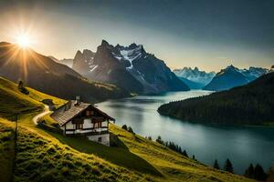 le maison sur le lac. généré par ai photo