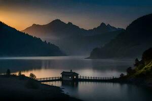 une petit maison est assis sur le bord de une Lac à le coucher du soleil. généré par ai photo