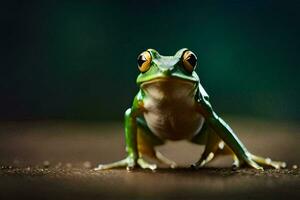 une grenouille est séance sur le sol avec ses yeux ouvert. généré par ai photo