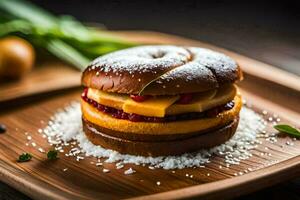 une sandwich avec fromage et des légumes sur une en bois plaque. généré par ai photo