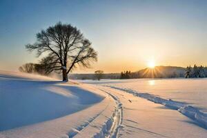 une seul arbre dans le neige avec le Soleil réglage derrière il. généré par ai photo