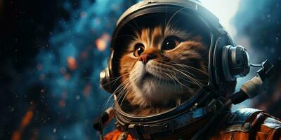 une mignonne chat dans un astronaute costume est en volant dans le lune, ai génératif photo