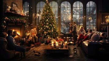 une réconfortant Noël scène avec une confortable vivant pièce orné avec scintillement lumières, ai génératif photo