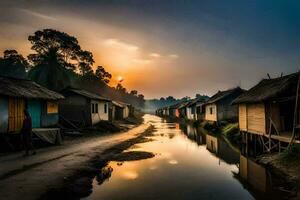 une rivière court par une village avec huttes et Maisons. généré par ai photo