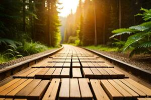 une en bois Piste dans le milieu de une forêt. généré par ai photo