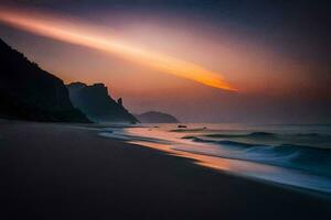 une le coucher du soleil plus de le océan avec vagues et rochers. généré par ai photo