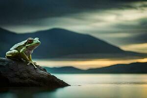 une grenouille séance sur une Roche dans de face de une lac. généré par ai photo