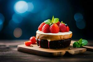 une gâteau avec des fraises et crème sur Haut. généré par ai photo