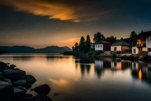 une maison est assis sur le rive de une Lac à le coucher du soleil. généré par ai photo