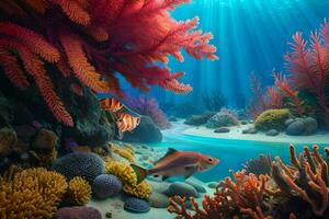 un sous-marin scène avec corail récifs et poisson. généré par ai photo