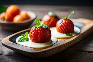 deux des fraises sur une en bois assiette avec crème. généré par ai photo