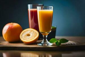 deux des lunettes de Orange jus et un Pomme. généré par ai photo