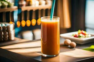 une verre de Orange jus avec une paille. généré par ai photo