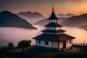 une église dans le montagnes à le coucher du soleil. généré par ai photo