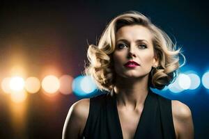 une femme avec une court la Coupe de cheveux et brillant lumières. généré par ai photo