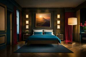 une chambre avec une bleu lit et une La peinture sur le mur. généré par ai photo