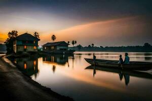 une bateau est sur le l'eau à le coucher du soleil avec Maisons dans le Contexte. généré par ai photo