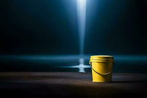 une Jaune seau séance sur le plage à nuit. généré par ai photo