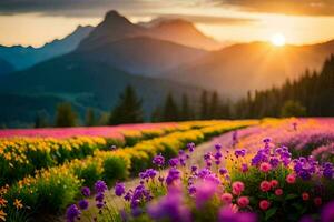 le Soleil monte plus de une champ de fleurs dans le montagnes. généré par ai photo