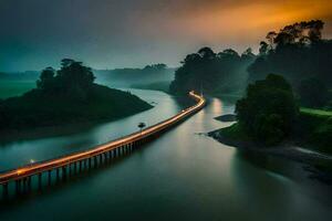 une longue pont des croix plus de une rivière à le coucher du soleil. généré par ai photo