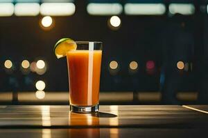 une verre de Orange jus séance sur une tableau. généré par ai photo