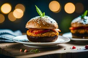 deux hamburgers sur blanc assiettes avec garnitures. généré par ai photo