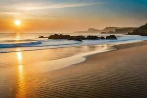 le Soleil ensembles plus de une sablonneux plage avec vagues. généré par ai photo