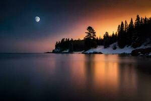 une plein lune monte plus de le l'eau et des arbres. généré par ai photo