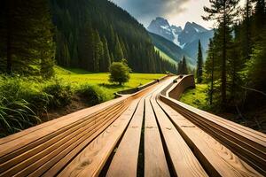 en bois passerelle dans le montagnes. généré par ai photo