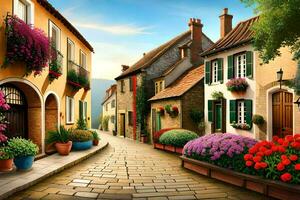 une rue avec fleurs et Maisons dans le milieu. généré par ai photo
