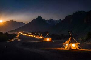 une route doublé avec tentes à le coucher du soleil. généré par ai photo