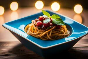 spaghetti avec framboises et basilic sur une bleu plaque. généré par ai photo