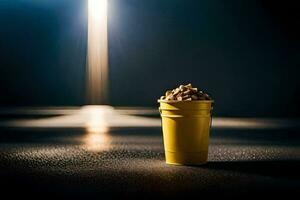 une tasse de pop corn séance sur une table dans de face de une brillant lumière. généré par ai photo