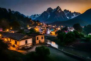 photo fond d'écran le ciel, montagnes, village, rivière, coucher de soleil, le village, le village,. généré par ai