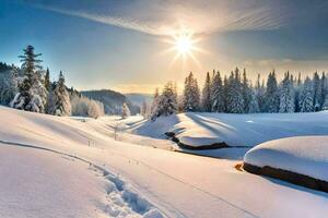 neige couvert des arbres et le Soleil brillant plus de eux. généré par ai photo